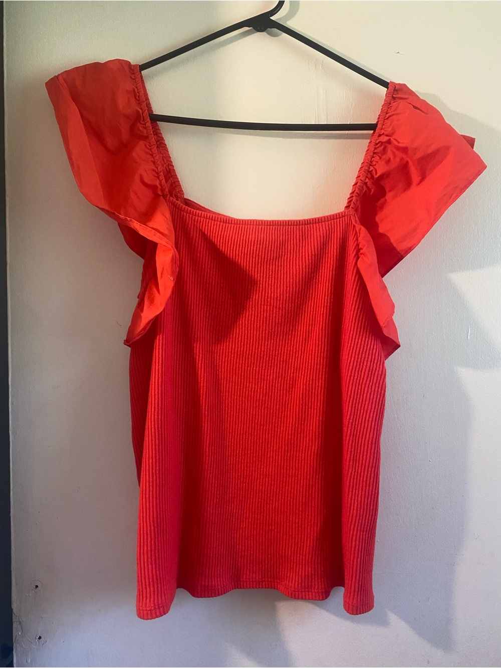 a new day Red-pink Ribbed Square Neck Ruffle Sleeve Camisole